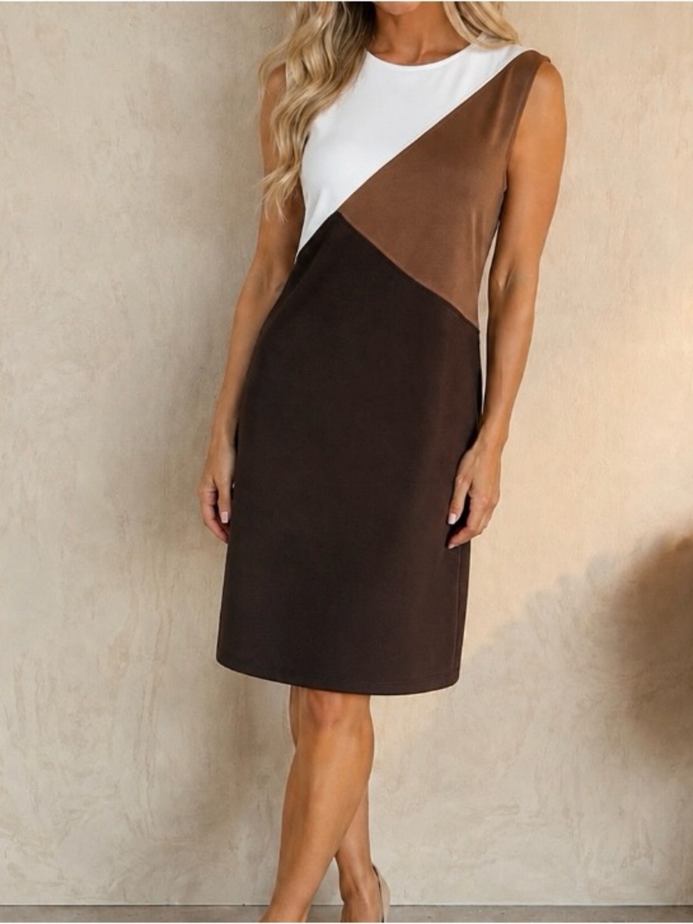 Spense Colorblock Sleeveless Midi Dress in White, Brown, and Tan